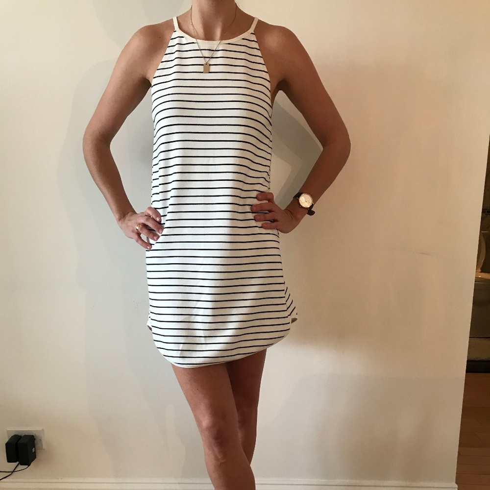 white and navy striped dress